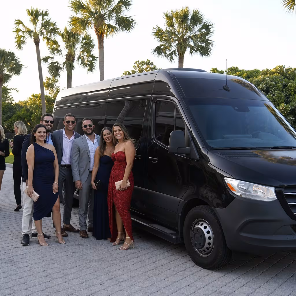 Group beside a Mercedes Sprinter limo from the Boynton Beach fleet