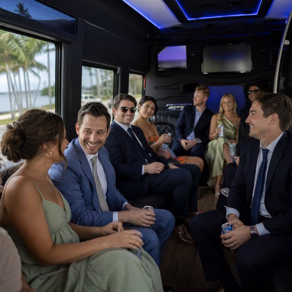 Wedding guests seated inside a Boynton Beach party bus
