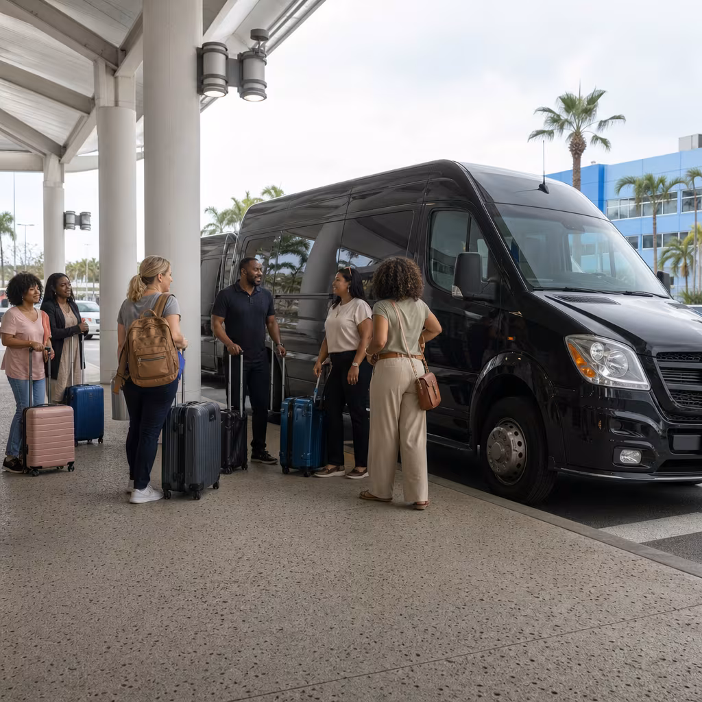 Group boarding a white charter bus for Airport Transportation transportation in Boynton Beach