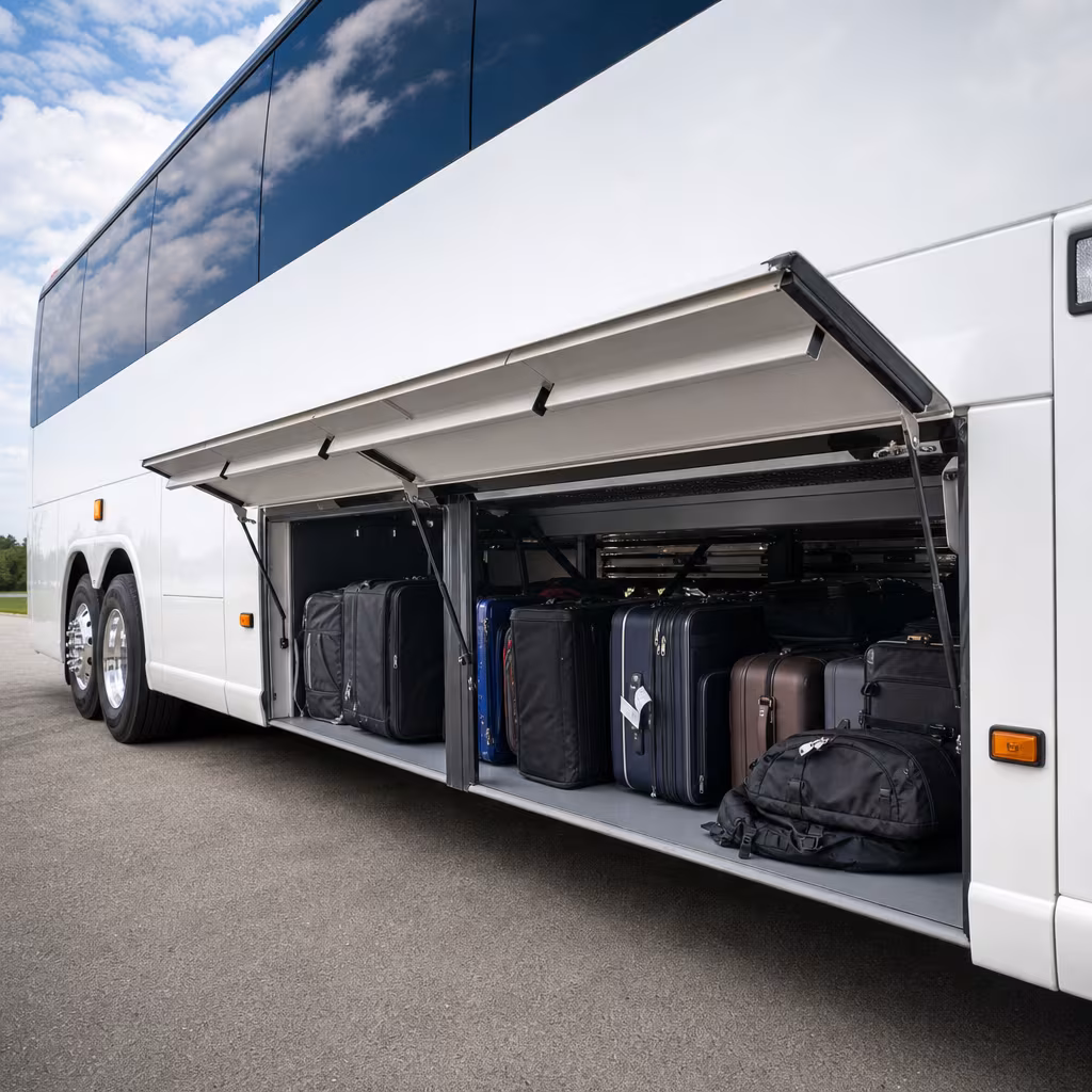 Party bus interior with wraparound leather seating and LED lighting in Boynton Beach