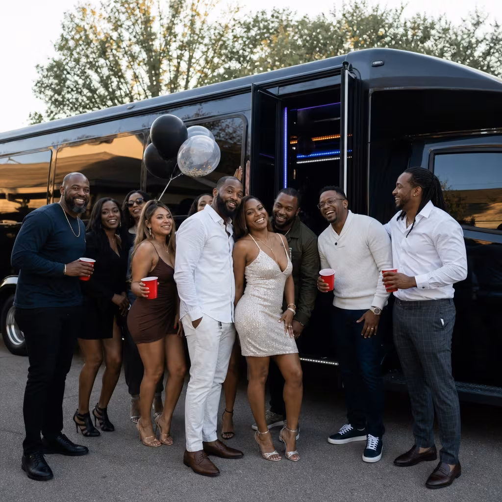 Group boarding a white charter bus for Birthday Transportation transportation in Boynton Beach