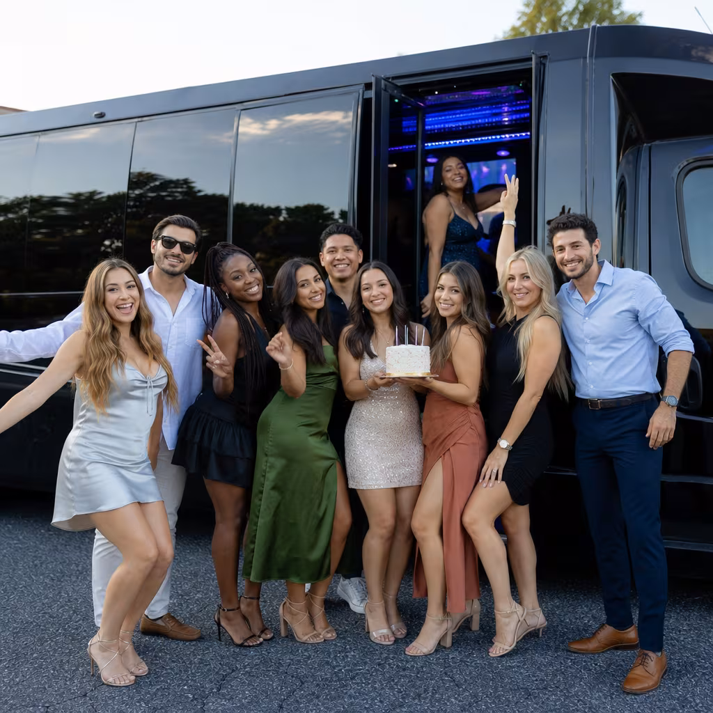 Party bus interior with wraparound leather seating and LED lighting in Boynton Beach