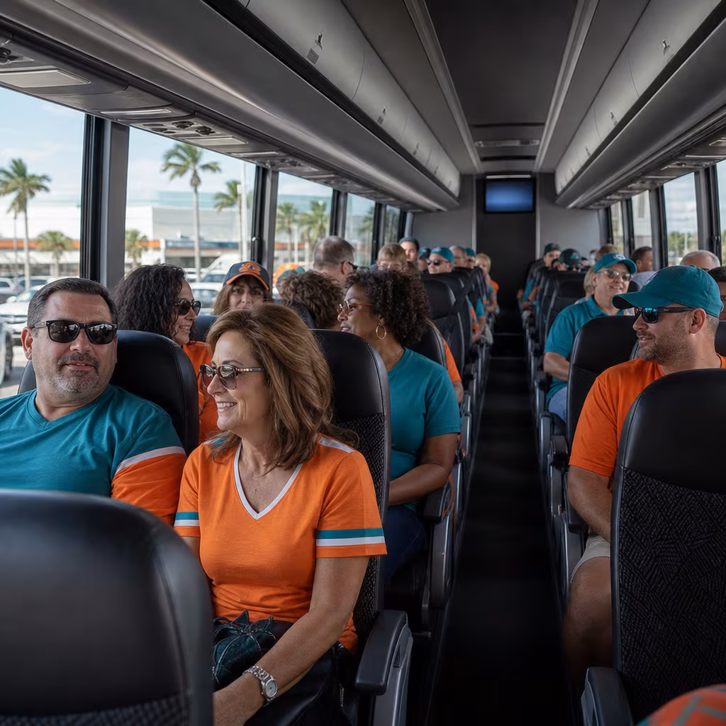 Passenger seating aboard a Boynton Beach party bus rental