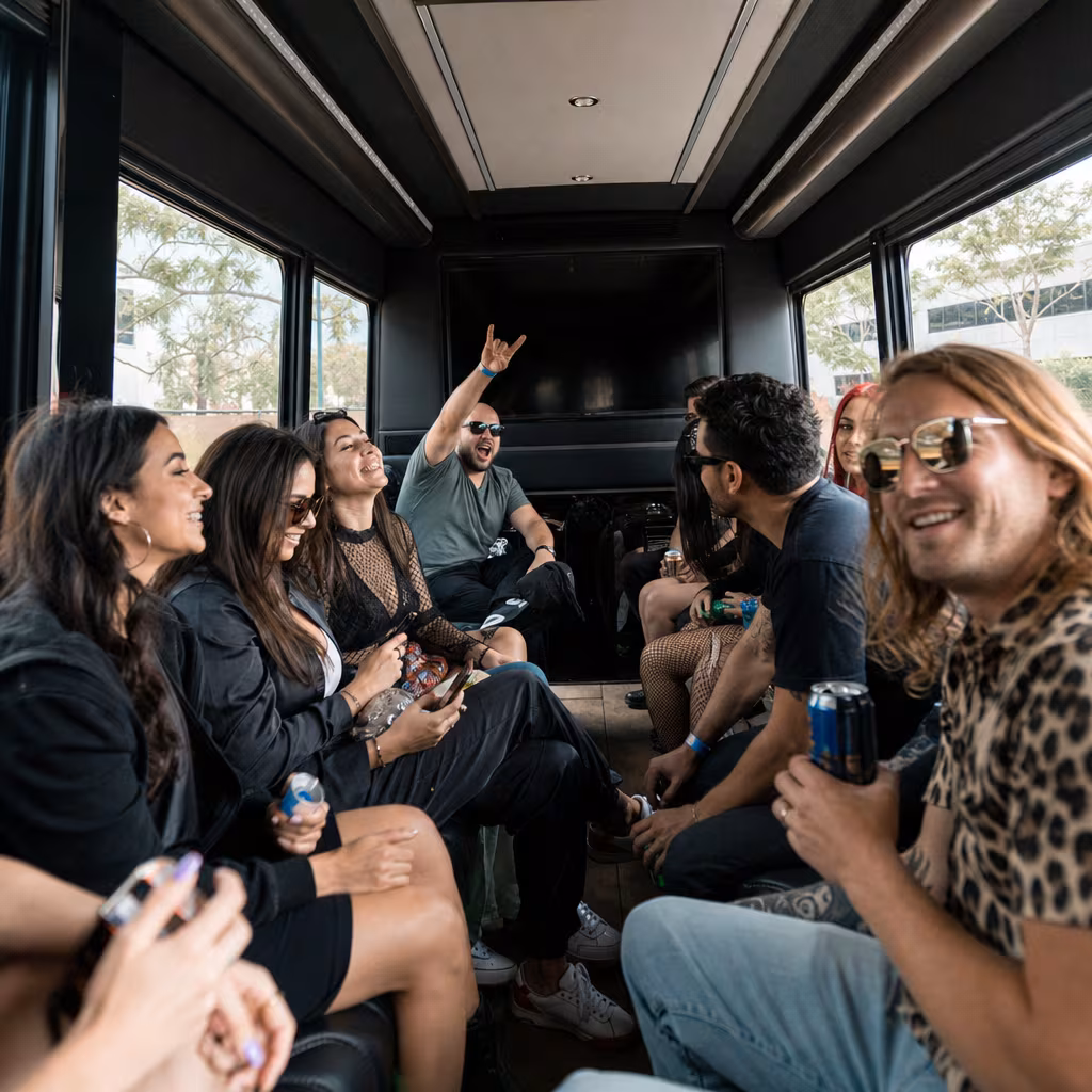 Group boarding a white charter bus for Concert Transportation transportation in Boynton Beach