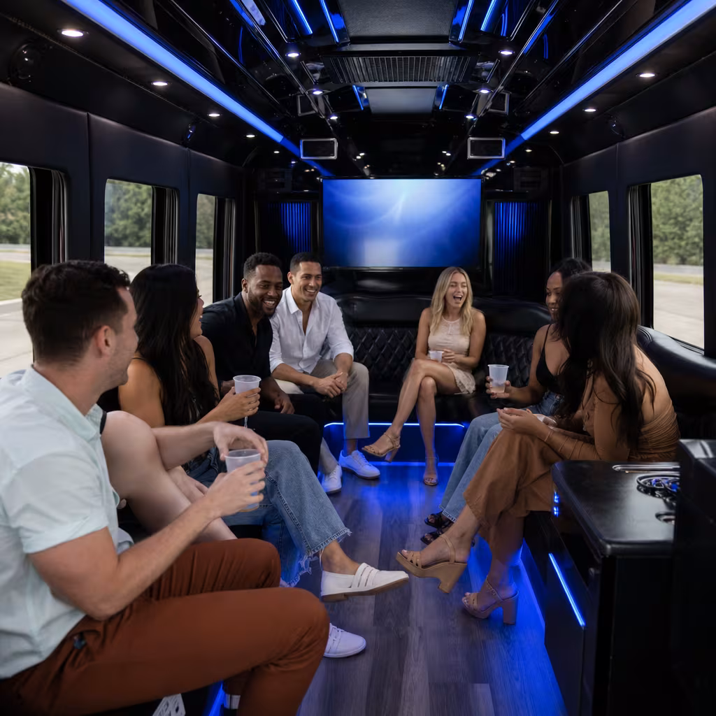 Wraparound seating inside a Boynton Beach party bus rental