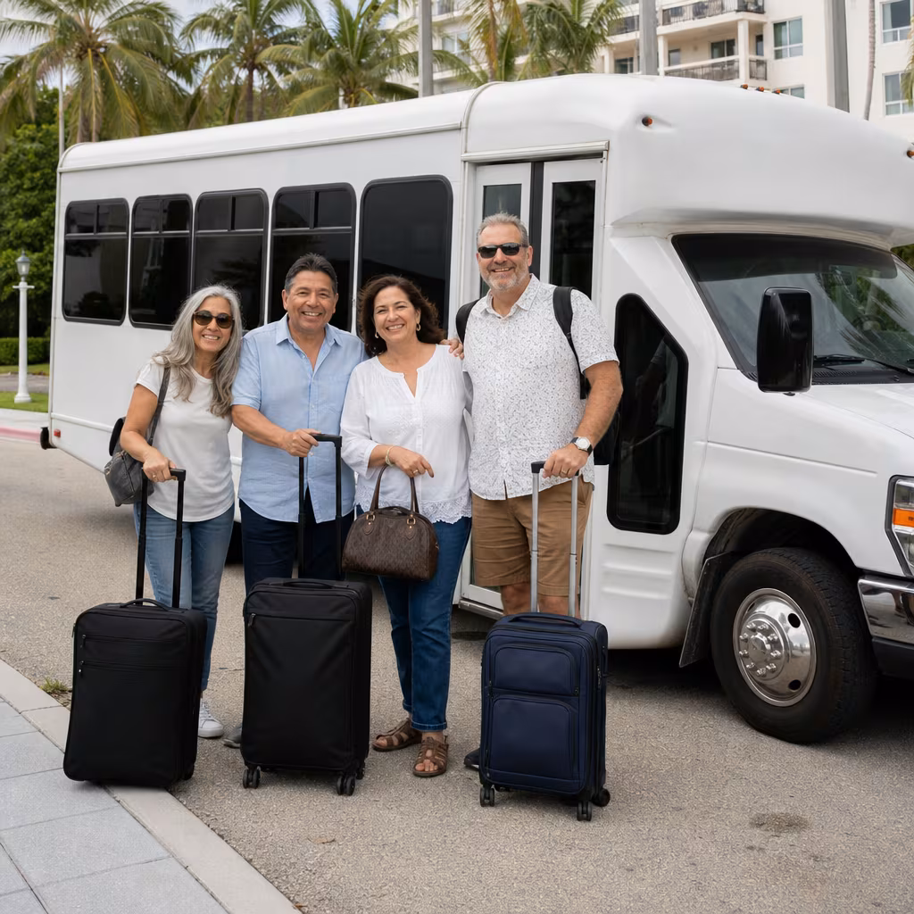 Passengers boarding a Boynton Beach minibus with luggage