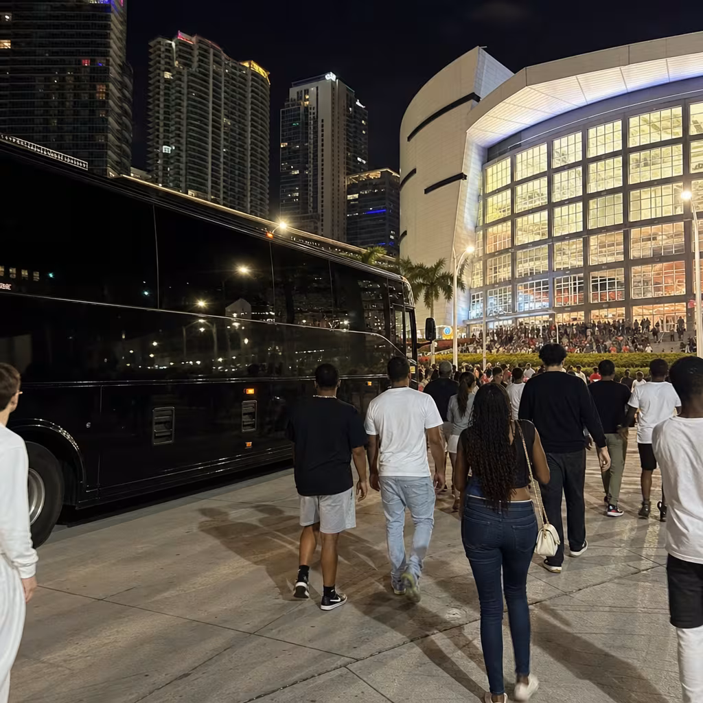 Charter bus of fans headed to a Miami Heat game at the arena