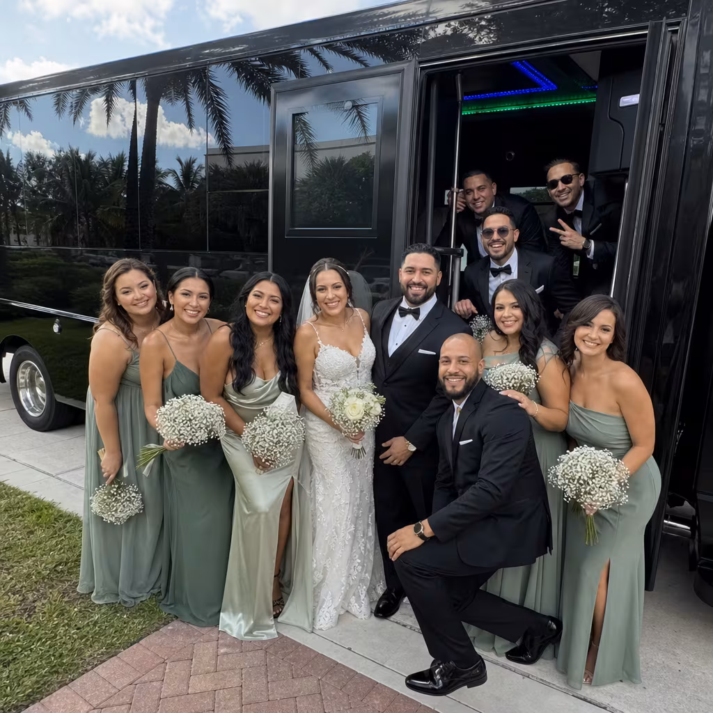 Boynton Beach wedding guest shuttle party bus outside an upscale resort
