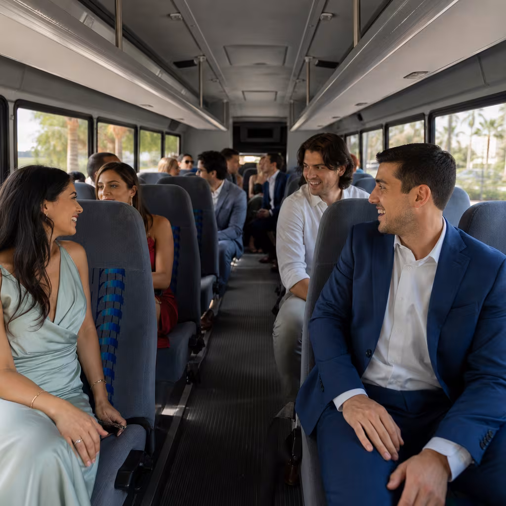 Group boarding a white charter bus for Private Event Transportation transportation in Boynton Beach