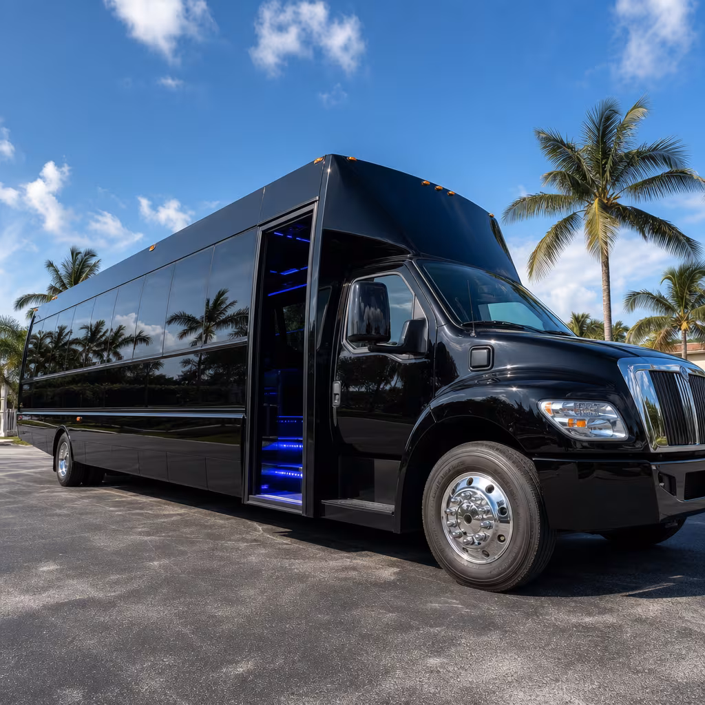 Party bus interior with wraparound leather seating and LED lighting in Boynton Beach