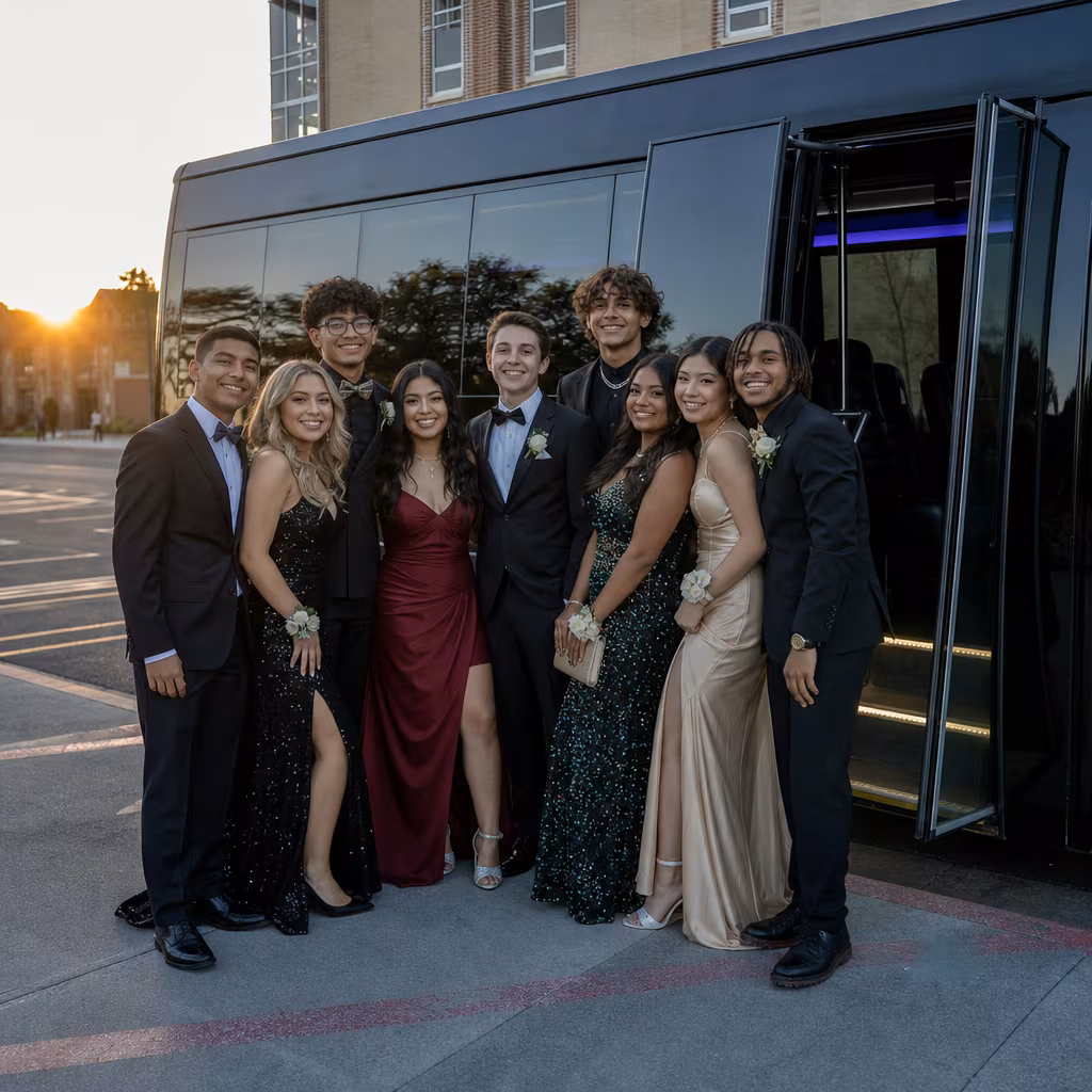 Group boarding a white charter bus for Prom & Homecoming Transportation transportation in Boynton Beach