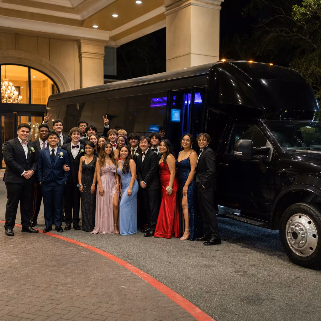 Party bus interior with wraparound leather seating and LED lighting in Boynton Beach