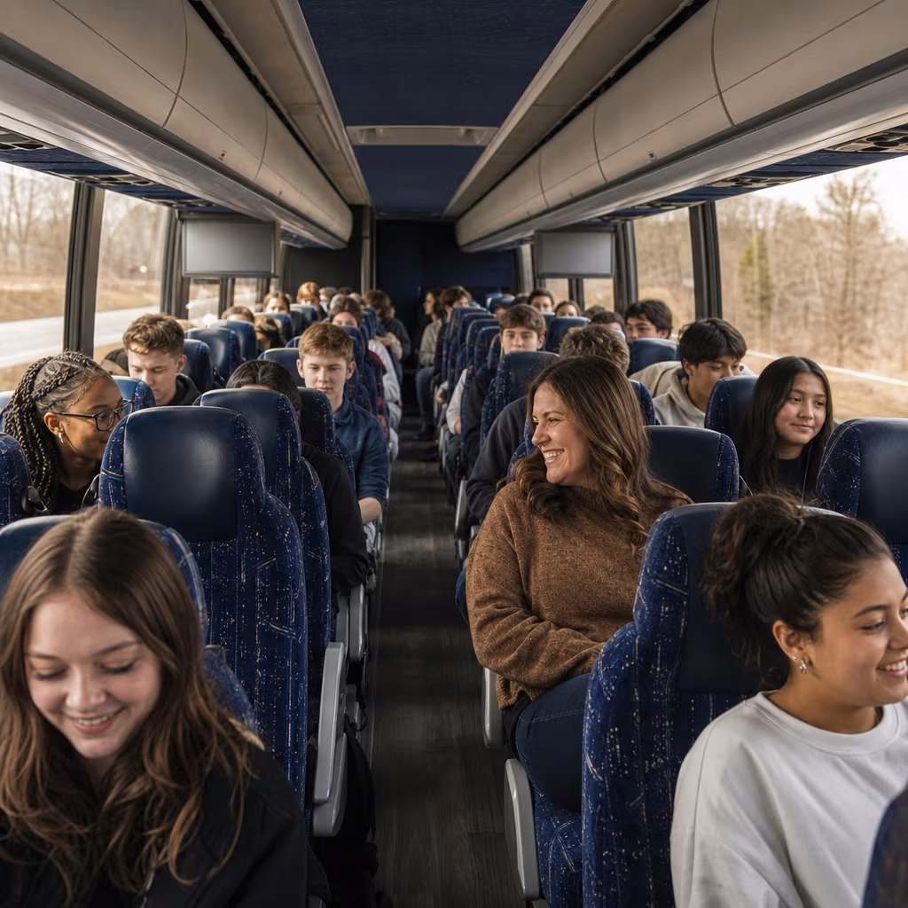 Group boarding a white charter bus for School Transportation transportation in Boynton Beach