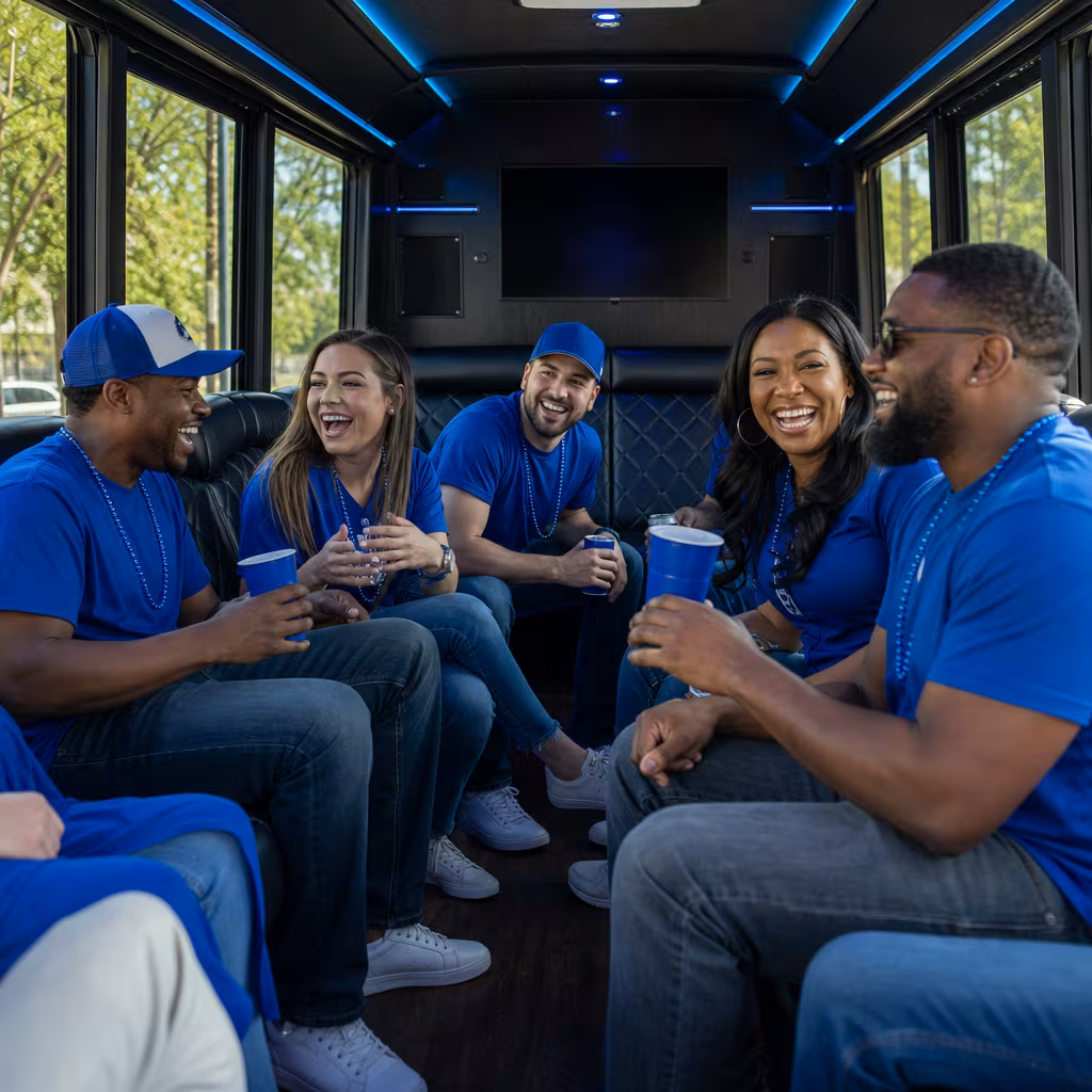Group boarding a white charter bus for Sporting Event Transportation transportation in Boynton Beach
