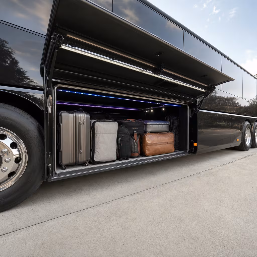 Party bus interior with wraparound leather seating and LED lighting in Boynton Beach