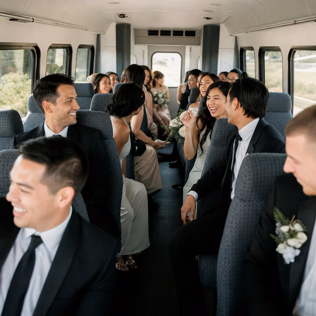 Group boarding a white charter bus for Wedding Transportation transportation in Boynton Beach