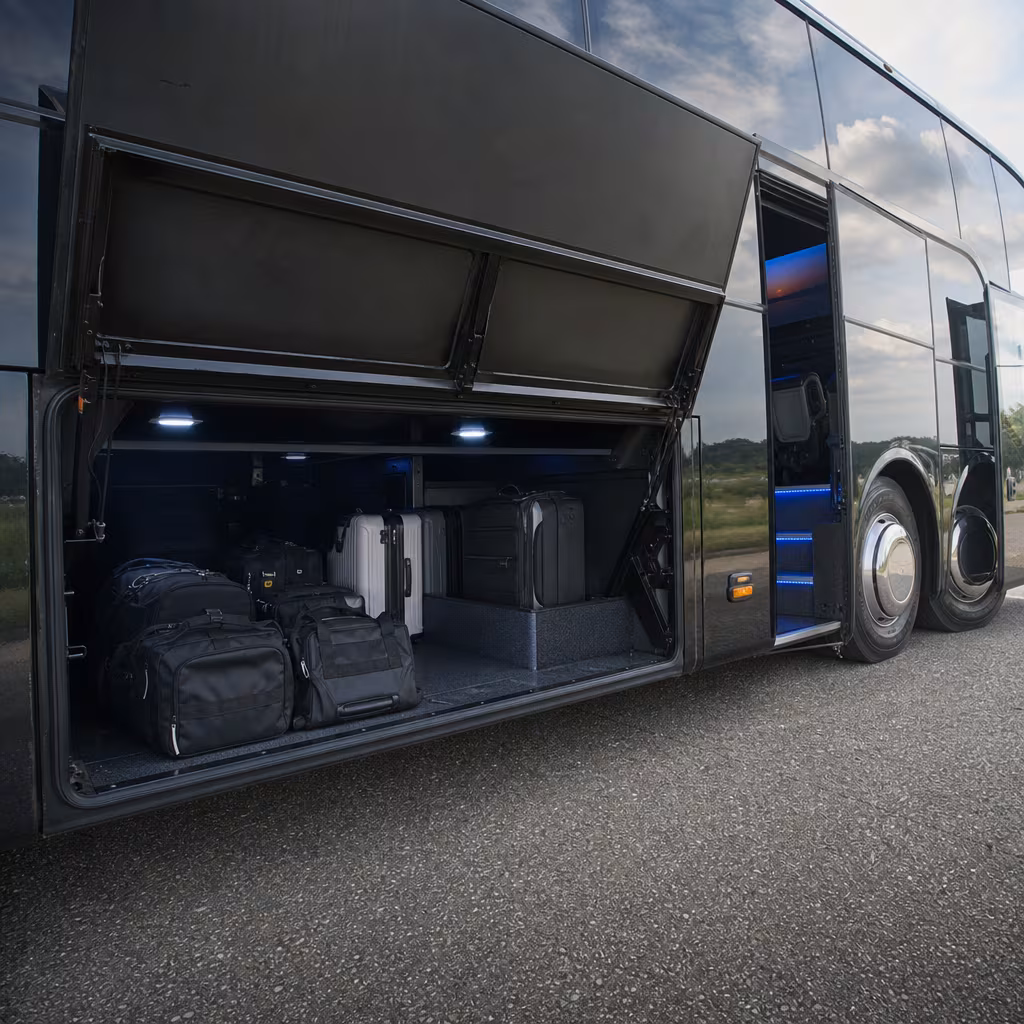 Party bus interior with wraparound leather seating and LED lighting in Boynton Beach