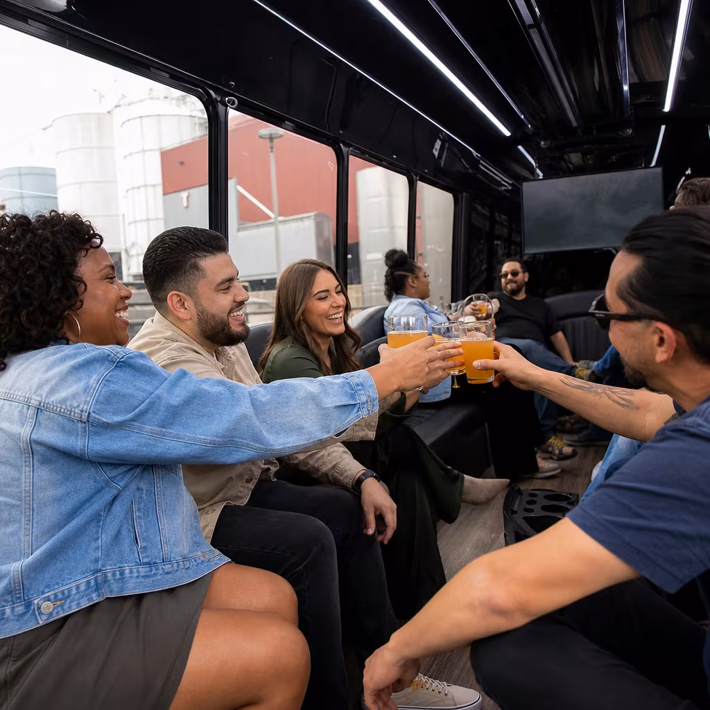 Group boarding a white charter bus for Winery & Brewery Tour Transportation transportation in Boynton Beach