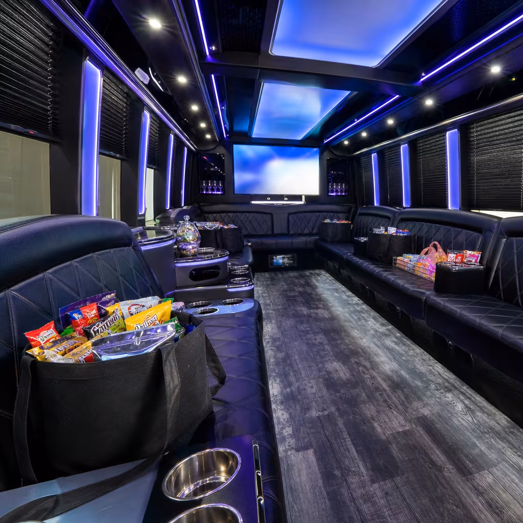 Party bus interior with wraparound leather seating and LED lighting in Boynton Beach